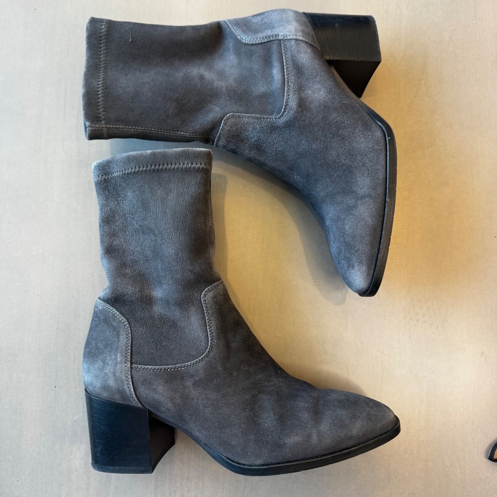 Aquatalia Women 7 Grey Suede Ankle Boots Block Heel Italy Minimalist Chic